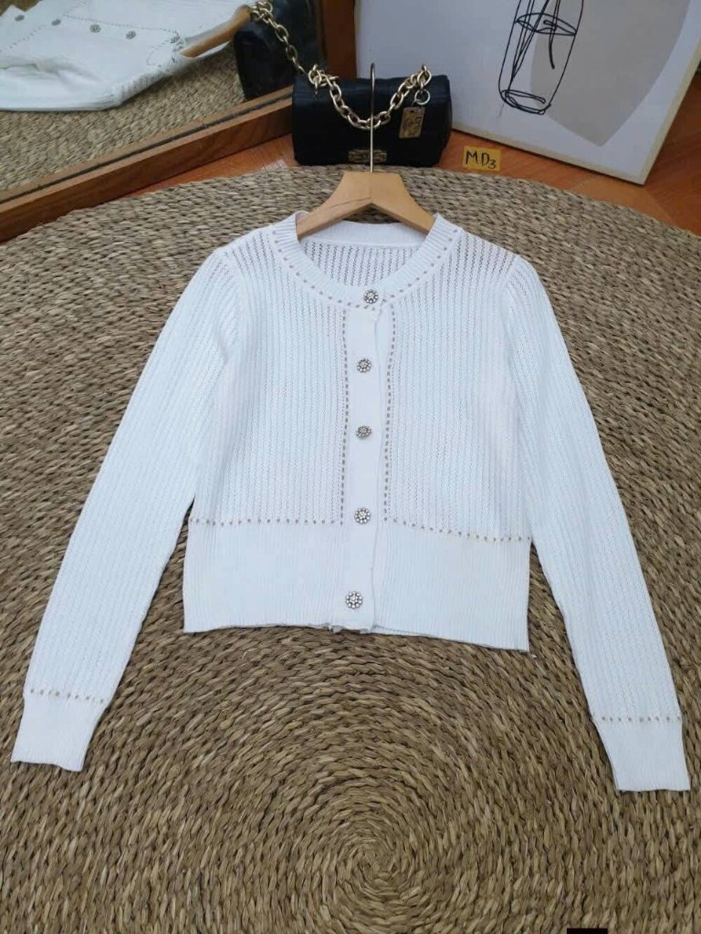 White Ribbed Knit Cardigan Crystal Flower Button Round Neck